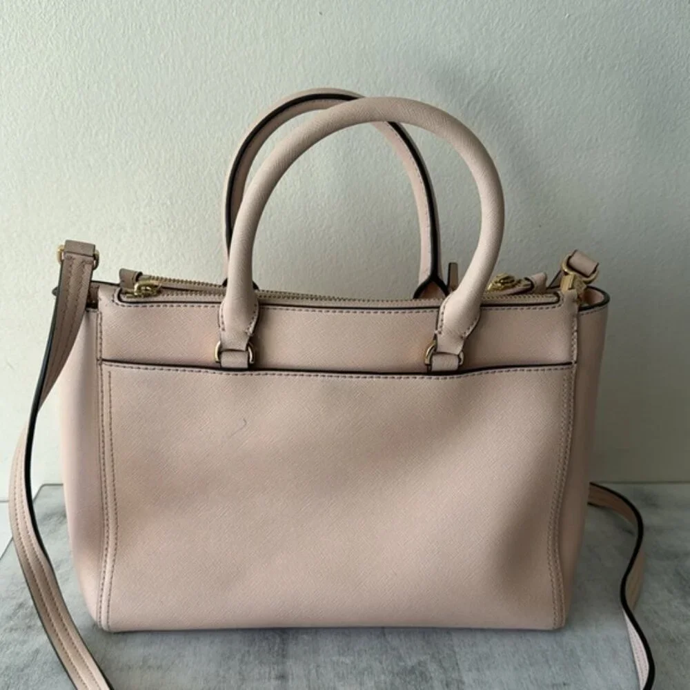Tory Burch Double Zip Saffiano Leather Pink Tote Handbag Cossbody